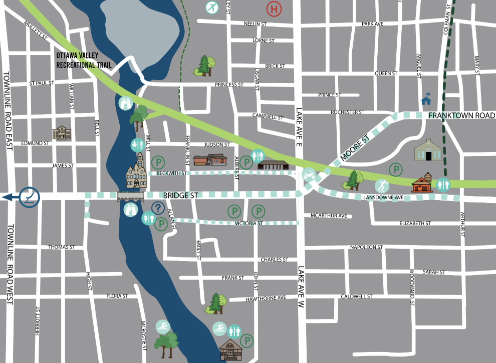 Map with Graphic icons showing Town Hall Parking and some iconic properties.